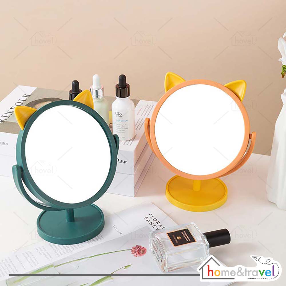 HOVELSHOP Cermin Make Up Motif Telinga Kucing Panda Kaca Rias Bulat Meja Standing Mirror