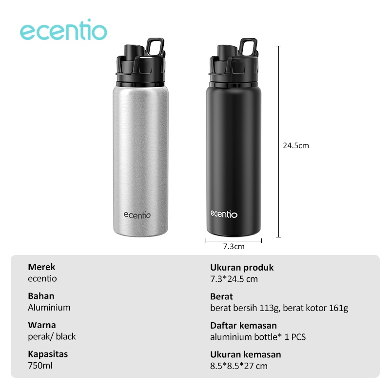 ecentio &amp; FOODI botol minum aesthetic 750ml Hitam/tumbler minum aesthetic sport sepeda Hitam/botol air/tempat minum dengan pegangan//botol air tumbler minum 750ml Black