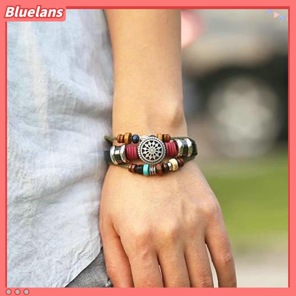 Bluelans Boho Women Multi Layer Beaded Woven Leather Rope Bracelet Adjustable Jewelry