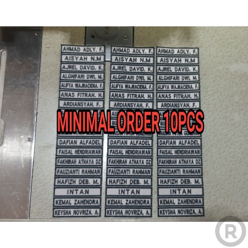 

PAPAN NAMA BORDIR, NAME TAG, NAMA SEKOLAH, NAMA SIS, NAMA DADA, BORDIR NAMA BORDIRAN KOMPUTER Bordir Nama Custom