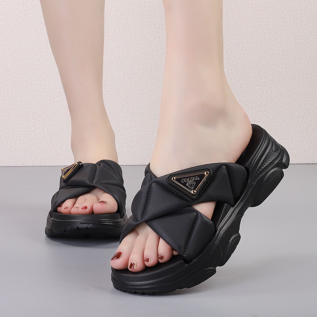 PVC Sandal Slop Wanita Karet Import Hak Tebal Motif Diamond Pin Sol Rubber Anti-Slip Empuk Elastis BALANCE K13 / Sepatu Sandal Gunung Wanita Korea CORLA