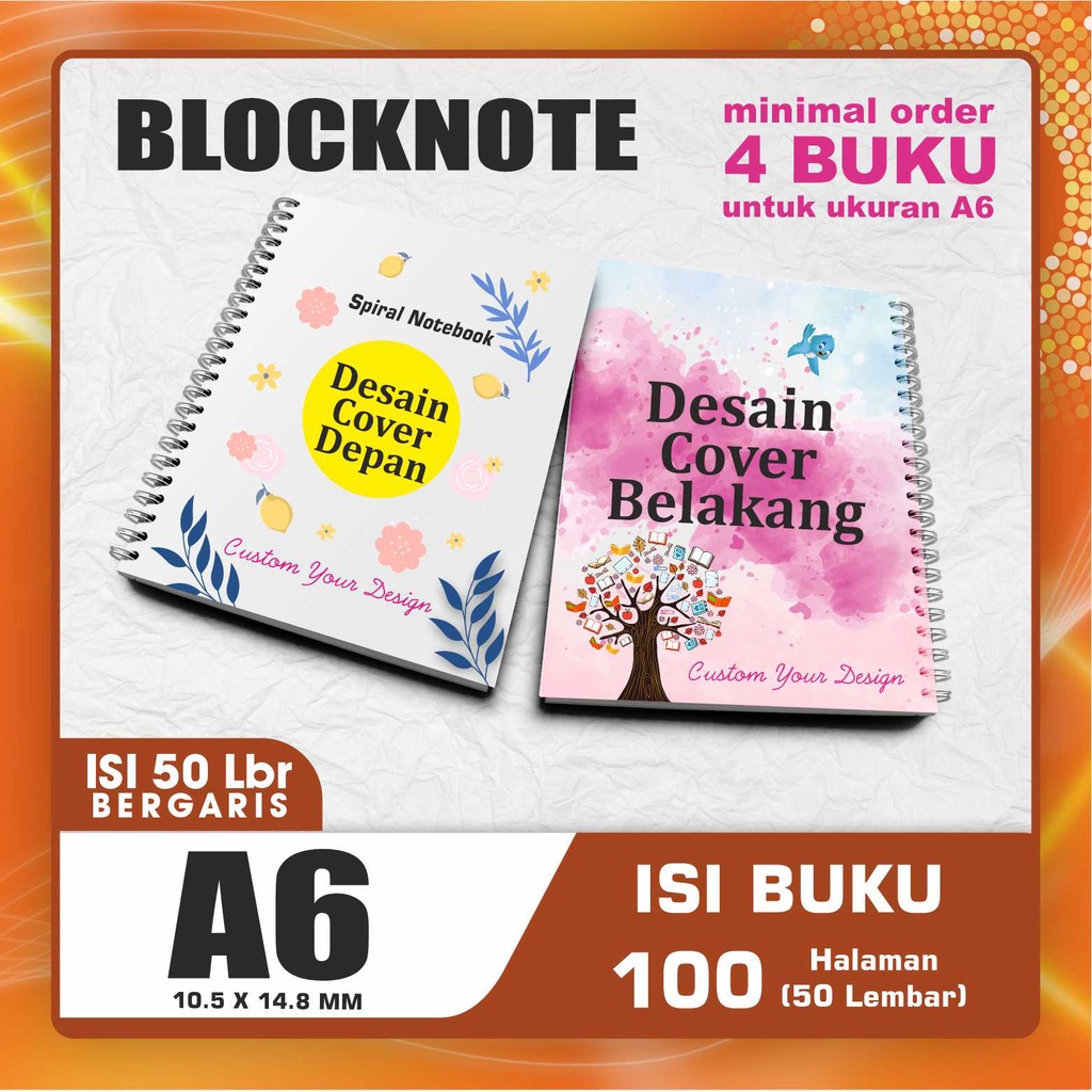 

Blocknote A6 Custom BERGARIS isi 50 lembar / Notebook A6 / Notes A6 Custom Cover Depan Belakang