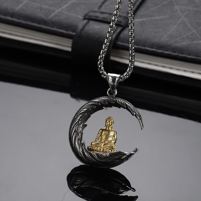 Kalung Liontin Bulan Buddha Lapis Perak Emas Gaya Hip Hop Untuk Pria