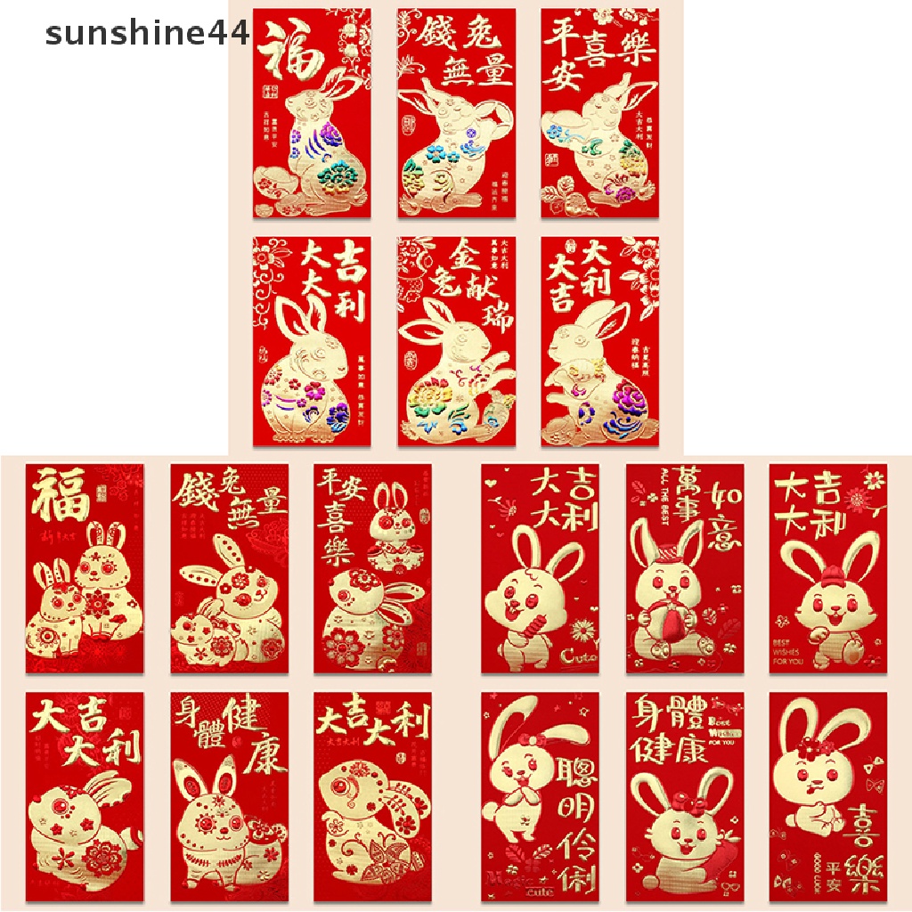 Sunshine 6Pcs 2023 Amplop Angpao Tahun Baru Cina / Imlek Gambar Kelinci Warna Merah