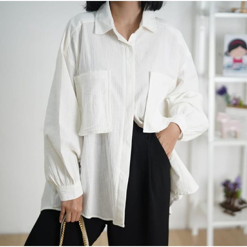 Kemeja Oversize Pocket - Kemeja Linen Crinkle Oversize - Niki Shirt