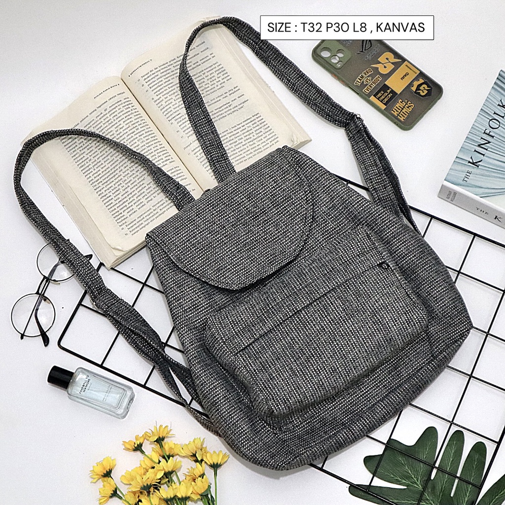 Bayar di Tempat COD Tas Ransel Serut Bahan Kanvas KANTONG Depan Ukuran Medium tas punggung wanita-Warna 699