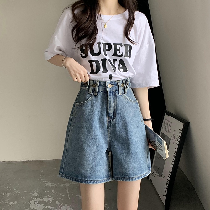 Warna Biru Kasual Celana Pendek Denim Pinggang Tinggi Wanita