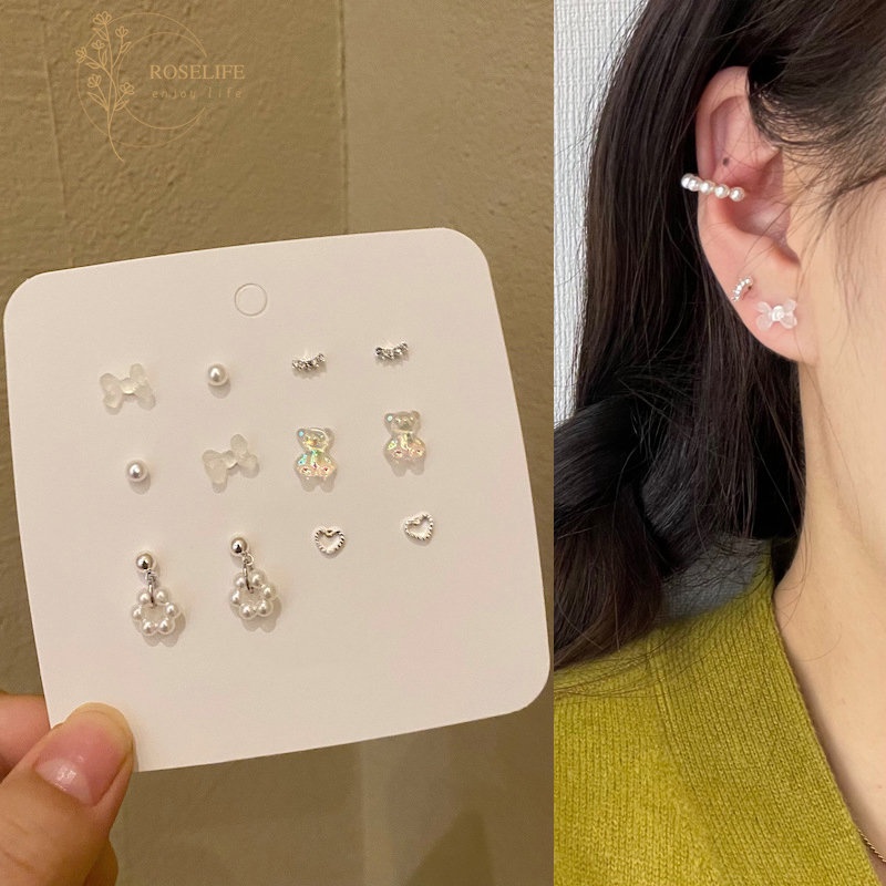 6 Pasang / Set Anting Tusuk Silver S925 Wanita Desain Hati / Bunga / Pita / Beruang Hollow Hias Mutiara