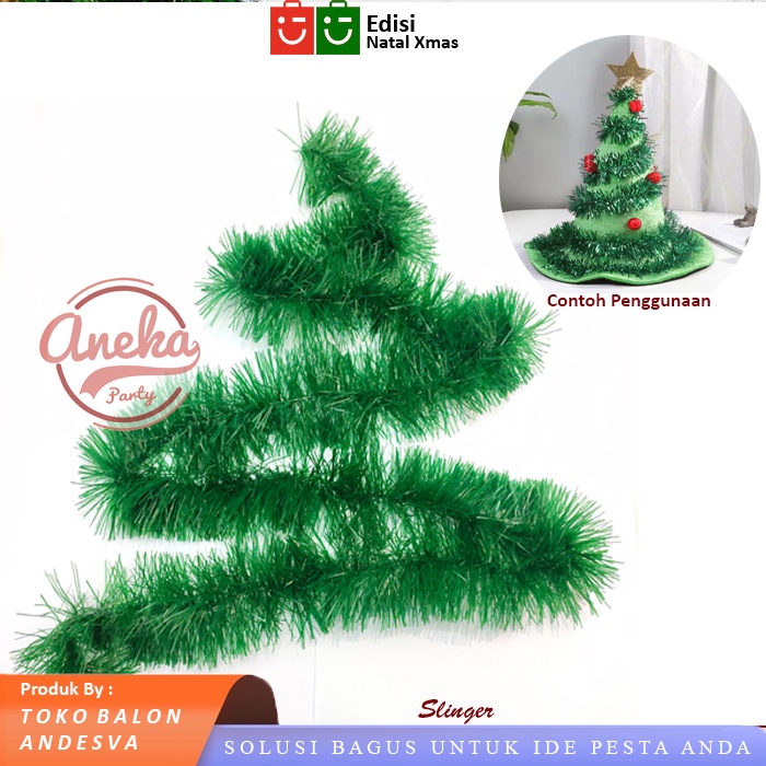 Slinger Natal Hijau tebal 8 cm / Tinsel rumbai hias pohon natal hijau / slinger rumbai natal hijau m