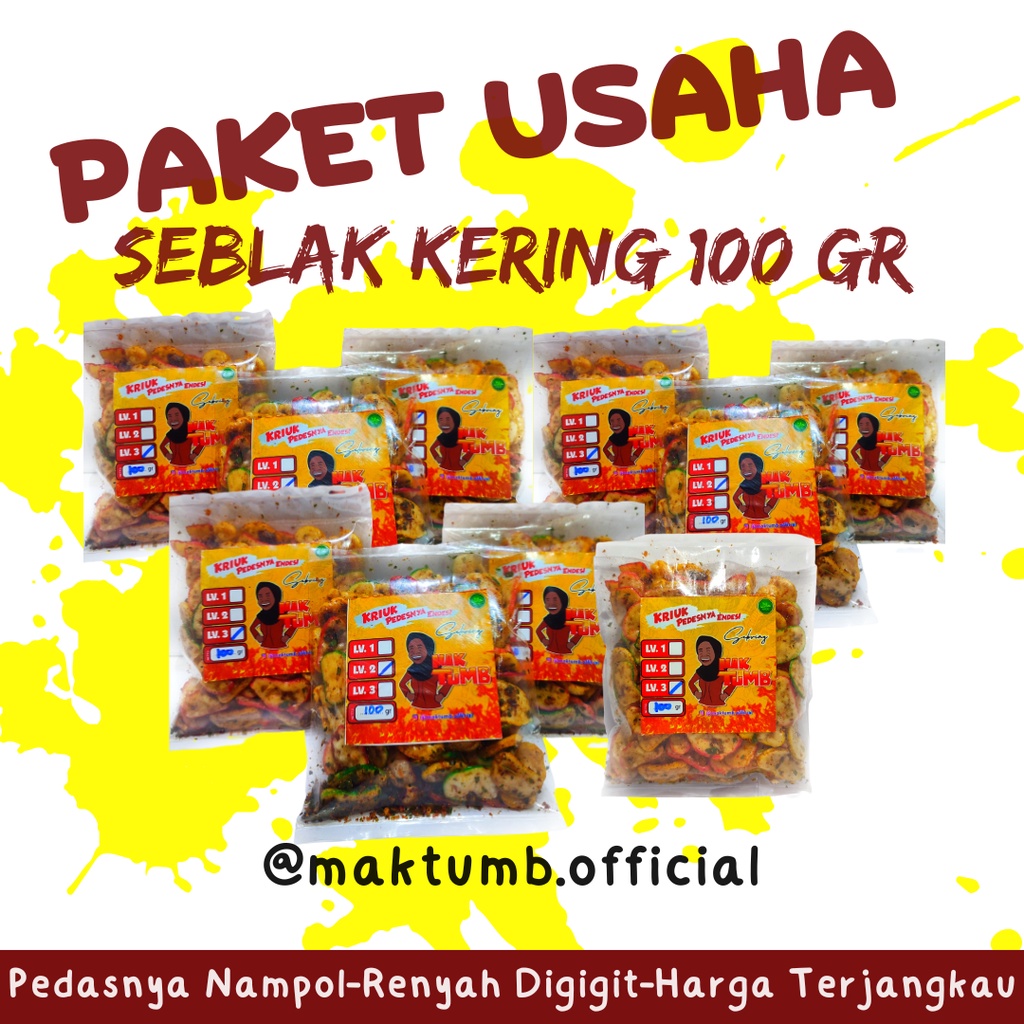 

PAKET USAHA RESELLER BASRENG STIK SEBLAK KERING PEDAS DAUN JERUK KEMASAN 100 GRAM ISI 10 PCS