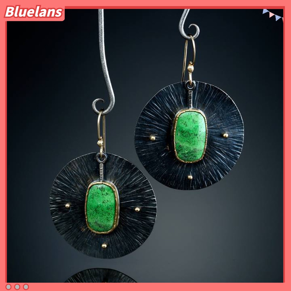 Anting Kait Juntai Bentuk Bulat Aksen Turquoise Tiruan Gaya Vintage Untuk Wanita