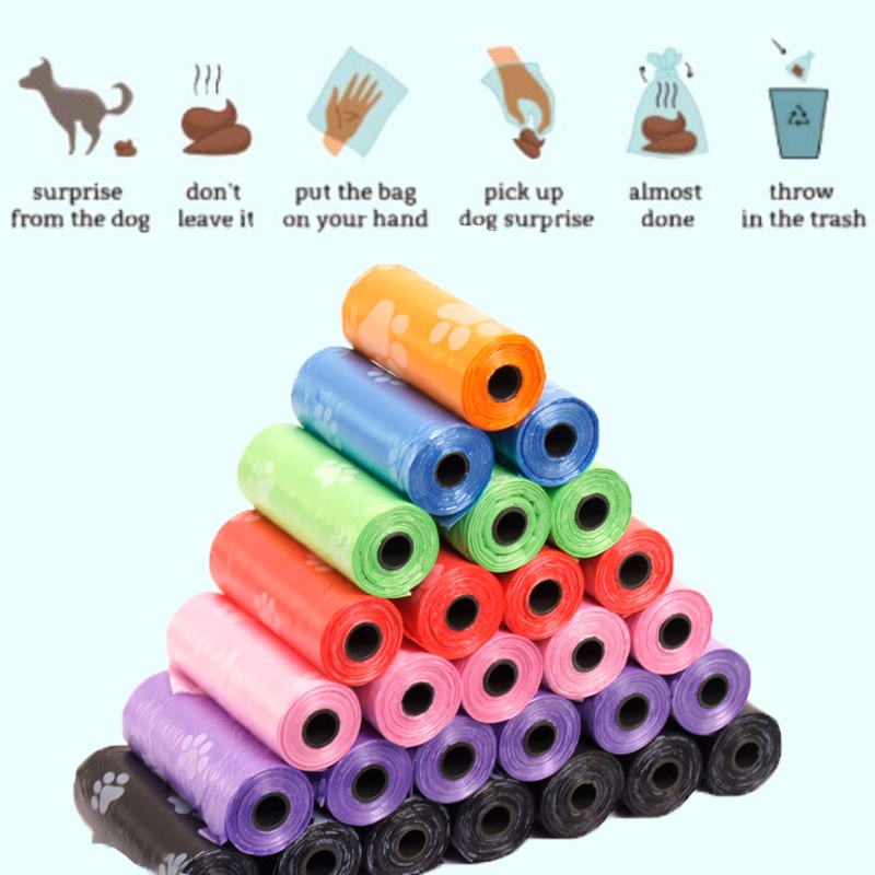 15pcs / Roll Kantong Plastik Untuk Membersihkan Kotoran Anjing, Warna Acak