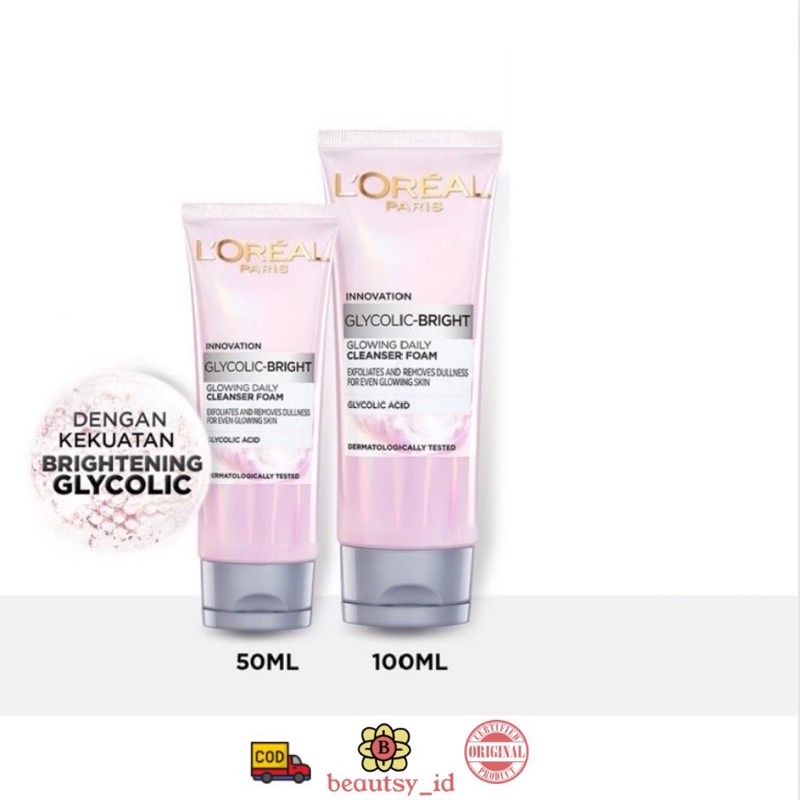 Loreal Glycolic Bright Glowing Daily Cleanser Foam 100ml 50ml Original COD - Sabun Cuci Muka Brightening Mencerahkan