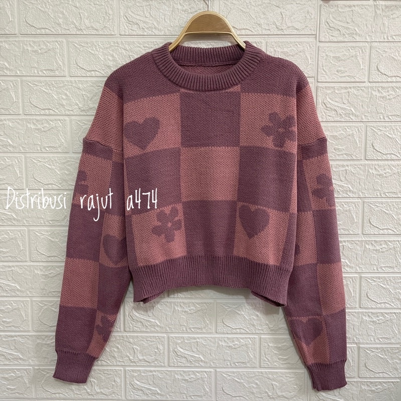 ELSA SWEATER RAJUT CROP MOTIF LOVE BUNGA KOTAK KOTAK LENGAN PANJANG