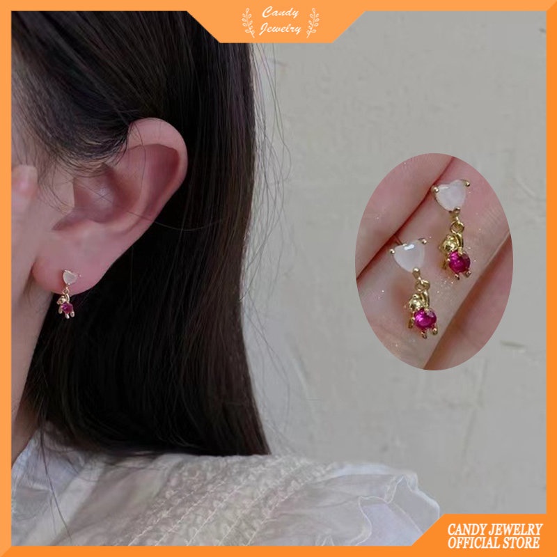 Anting Stud Jarum S925 Silver Bentuk Beruang Hati Warna Permen