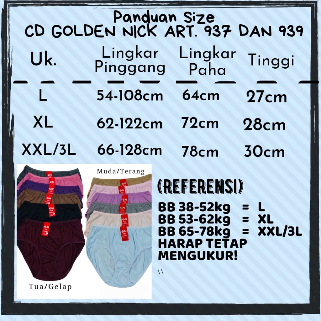 Celana Dalam Wanita 6pcs Golden Nick Jumbo XXL XL L Original 100% Warna Terang Warna Gelap