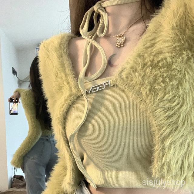 Satu potong jas pasang retro gaya Barat mengurangi usia putih mustard hijau berbulu mink sling cardi