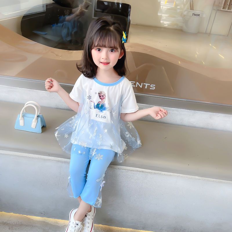 [PRINCESS KESLI] 1-9 tahun Baju anak perempuan kartun Elsa T-shirt/baju bayi perempuan lengan pendek + legging/