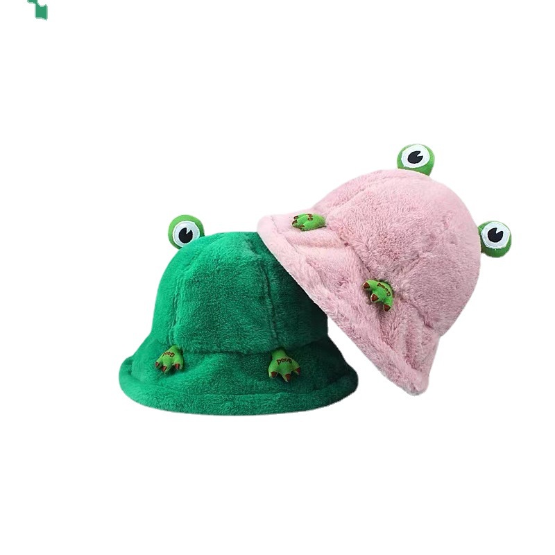 Ins Topi Bucket / fisherman Pria / Wanita Bahan plush Desain Katak Kartun Hangat Untuk Musim Gugur / Dingin