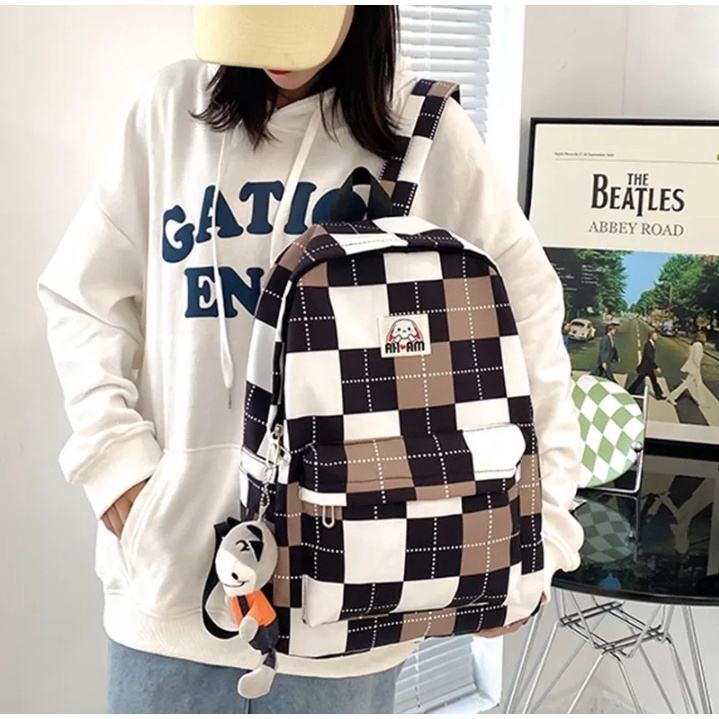 Tas Ransel Backpack Wanita / Tas Ransel Sekolah Anak SD SMP SMU  / Tas Ransel Model Korea Motif kotak-Kotak Aesthetic Lagi Promo