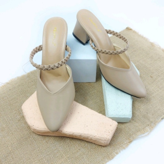 Sepatu Sandal Mules Hak Tinggi 5cm Variasi Tali Kepang Nesanh - NAKAMA Heels Wanita Hak Tinggi (5-8 cm)