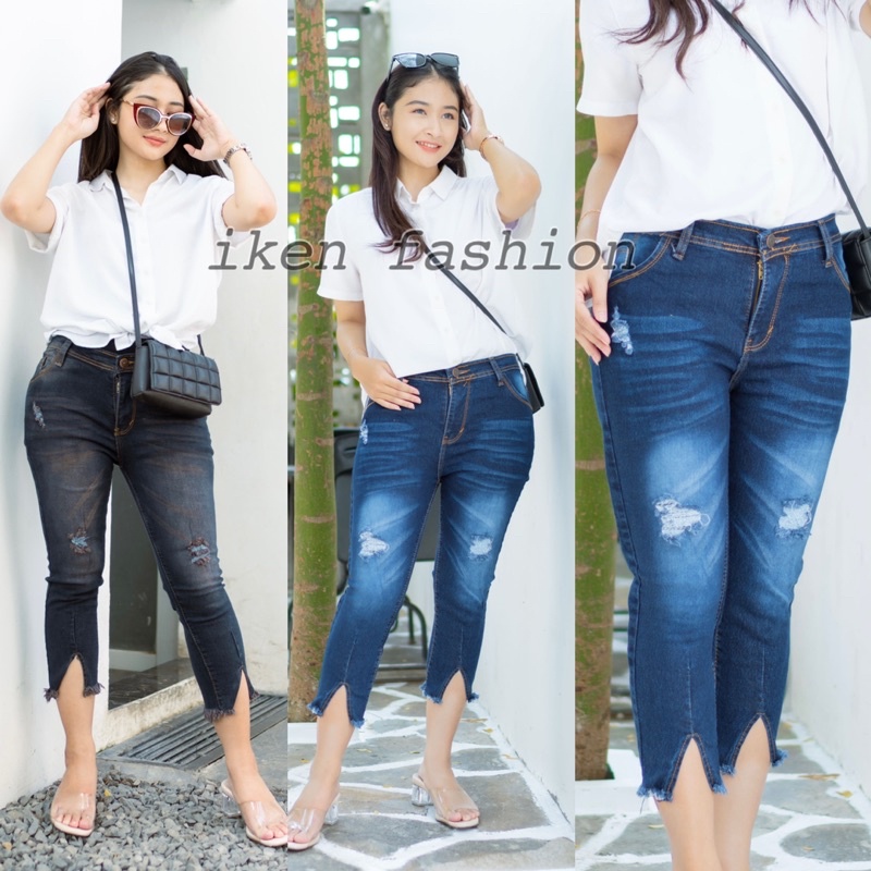 CELANA JEANS 7/9 WANITA SOBEK BELAH LAPIS FURING // NAIRA RIPPED JEANS 7/9 SOBEK