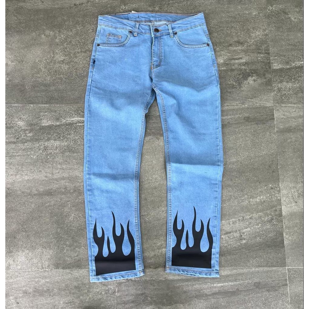 Celana Jeans Pria printed Light Blue Original The Outfit /  Celana jeans printed motif fire straight / Celana jeans fire