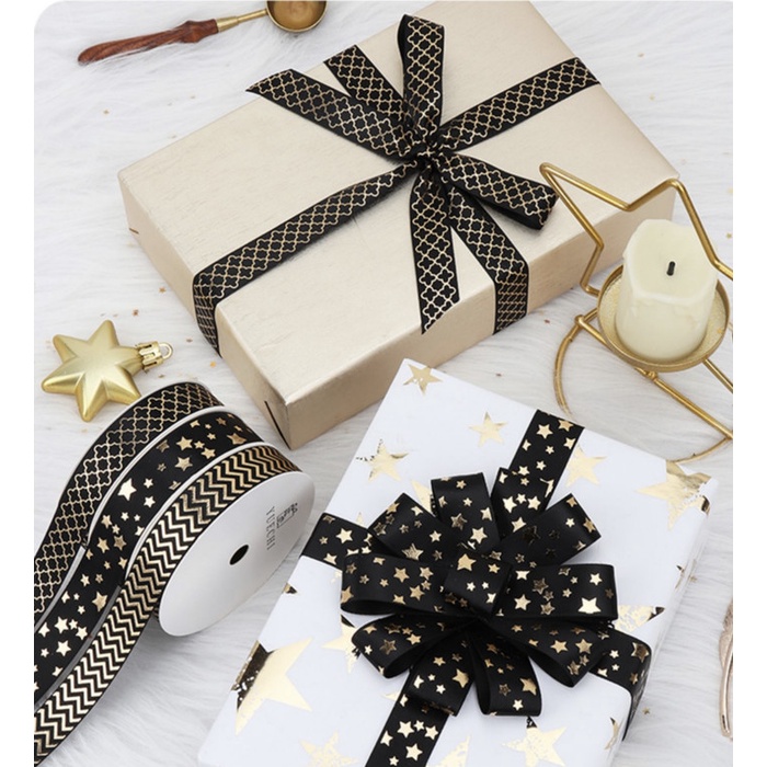 

(HARGA 3METER) PITA SATIN PREMIUM PITA KADO PITA SATIN HBD LEBAR 1,6CM - BLACK+GOLD, 3METER