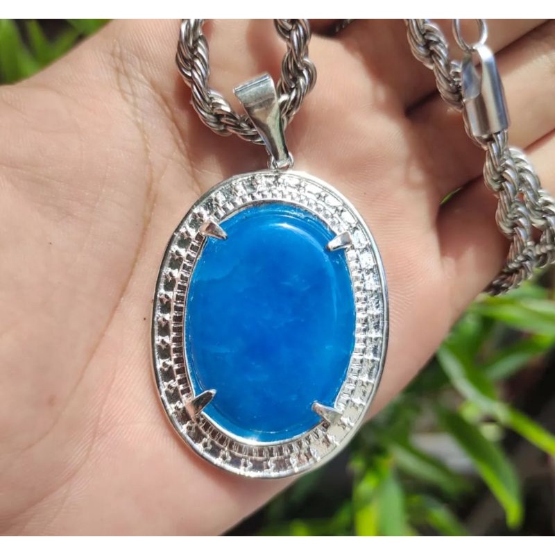 kalung liontin batu akik giok biru natural ring titanium