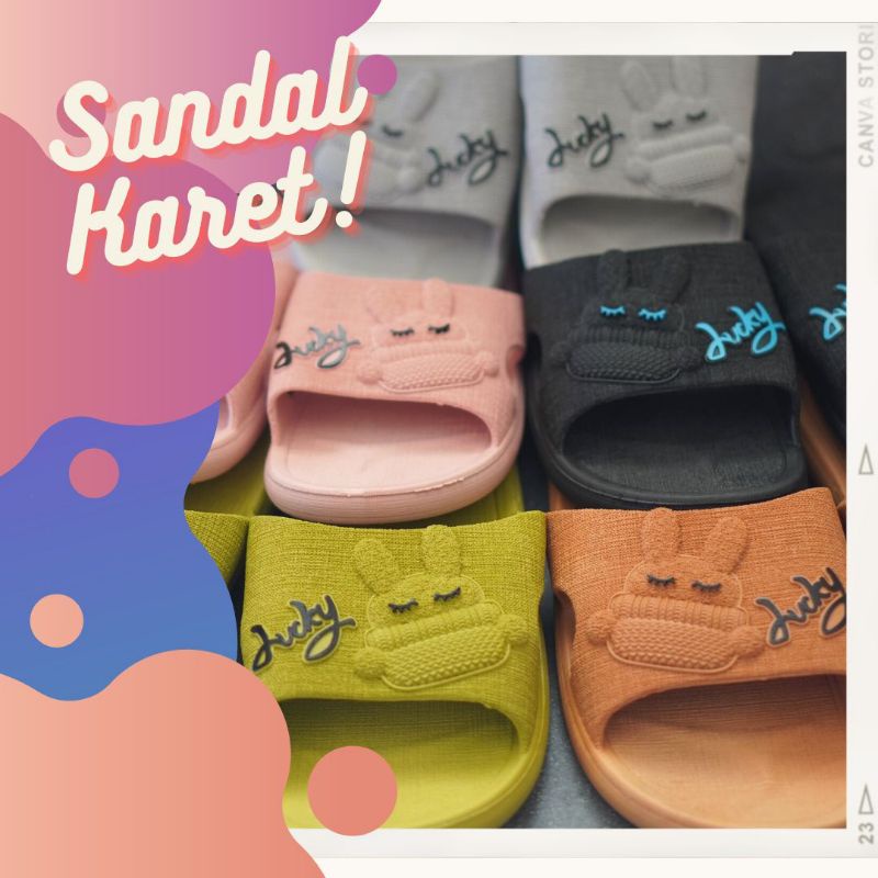 Sandal Slop Wanita Sandal Slop Karet Sandal Slip Karakter Lucky Kekinian