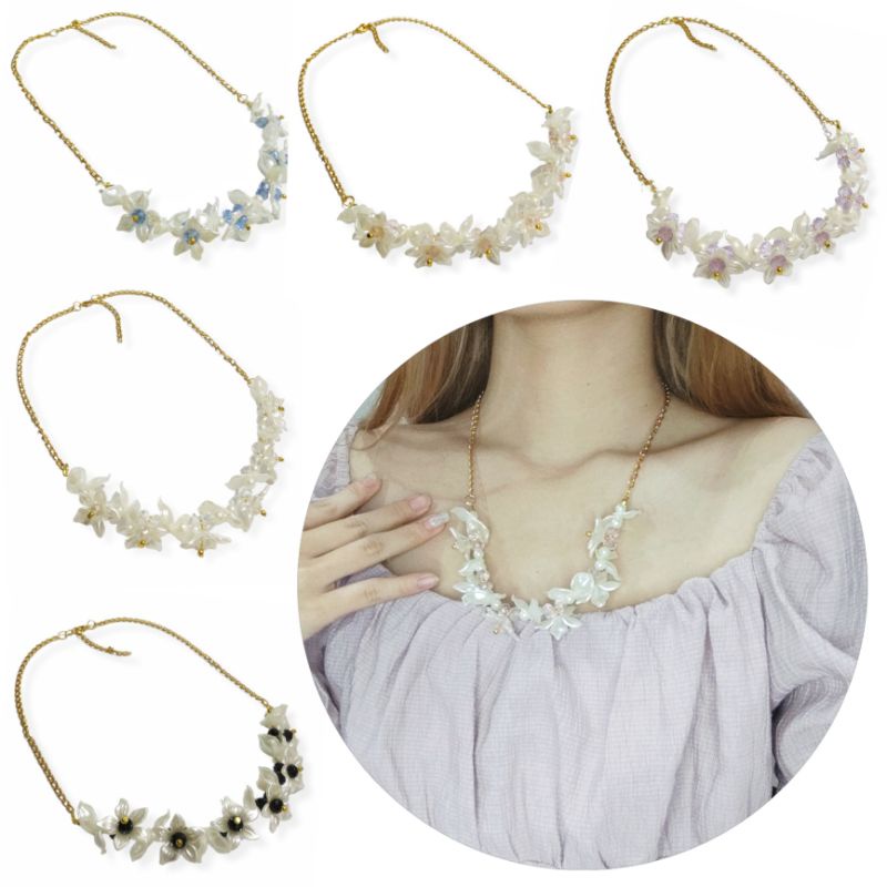 Darlene Crystal Flowery Pearl Necklace Kalung Hijab Panjang Kalung Kristal Aesthetic Mutiara Bunga Flower