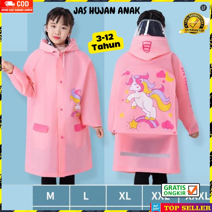 JAS HUJAN ANAK SEKOLAH CEWEK KOREA MANTEL PEREMPUAN RAINCOAT KIDS MOTIF PINK UNICORN USIA 3-12 TAHUN WD4