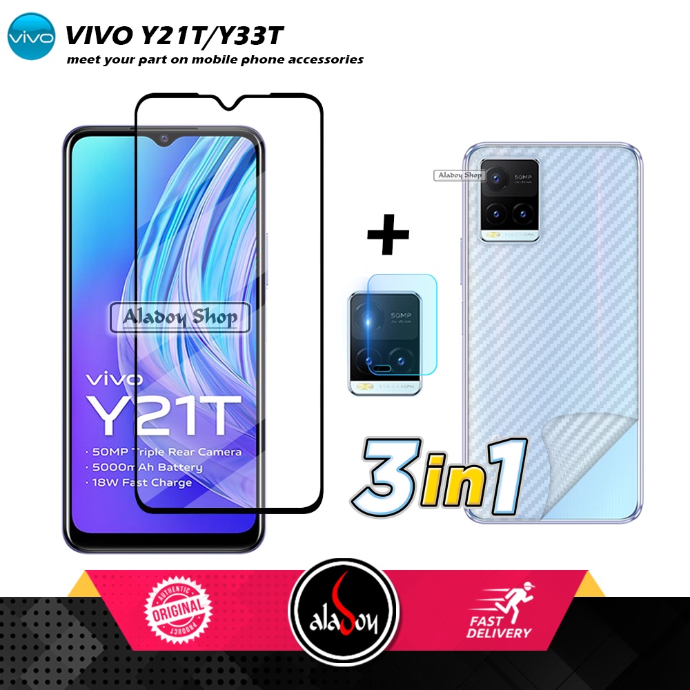 PROMO 3 IN 1 PAKET Tempered Glass Vivo Y21T/Y33T Free Tempered Glass Camera dan Skin Carbon