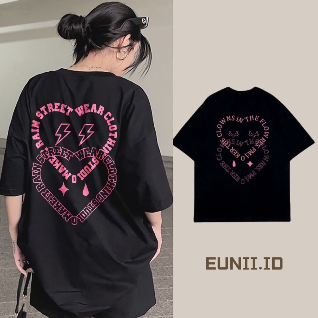 EUNII T-shirt Lengan Pendek Modis Cinta Pencetakan Longgar Korean Style/Kaos Atasan Wanita/Baju Kaus Oversize Wanita