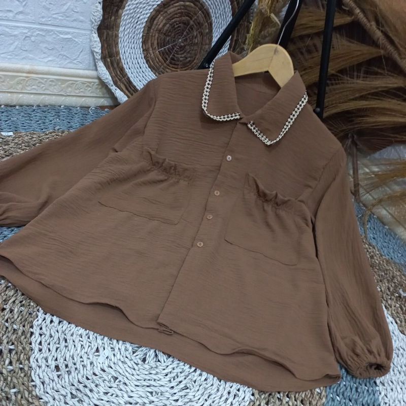 BLOUSE CRINKLE Kerah Renda//BLOUSE Wanita Dewasa Masa Kini kantong aktif kiri kanan