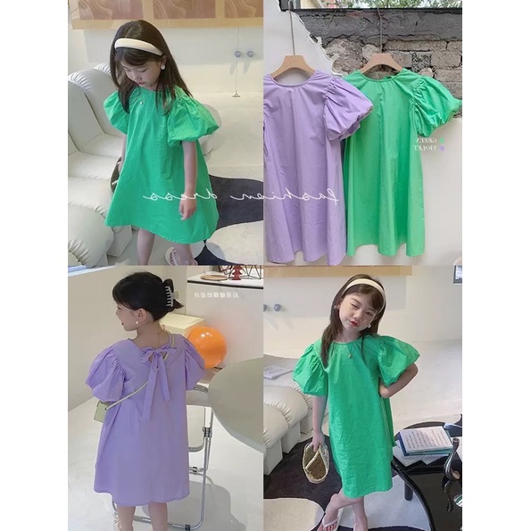 Lilac & Green Balloon Dress (1-6Y) korean style kids dress