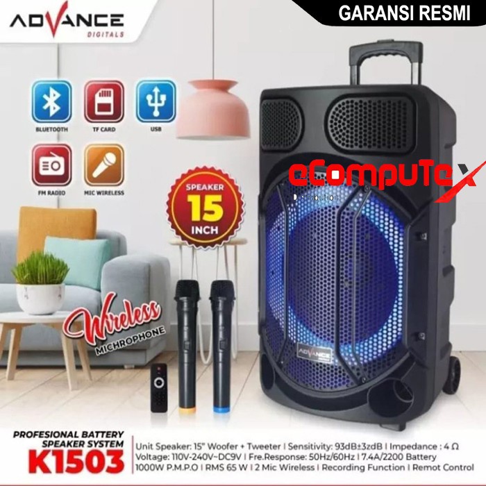 SPEAKER ADVANCE PORTABLE K-1503 K1503 BLUETOOTH 15 INCH KOPER + 2 MIC WIRELESS GARANSI RESMI