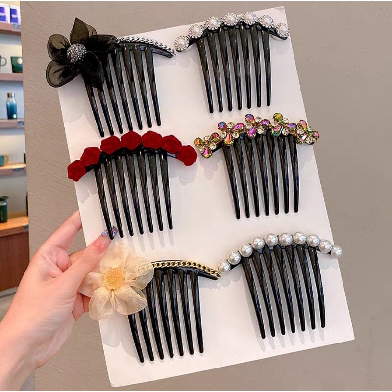 Sirkam Sanggul 10.5cm Aksesoris Rambut Permata Mutiara 7 Taring Diamond Pearl Hair Comb