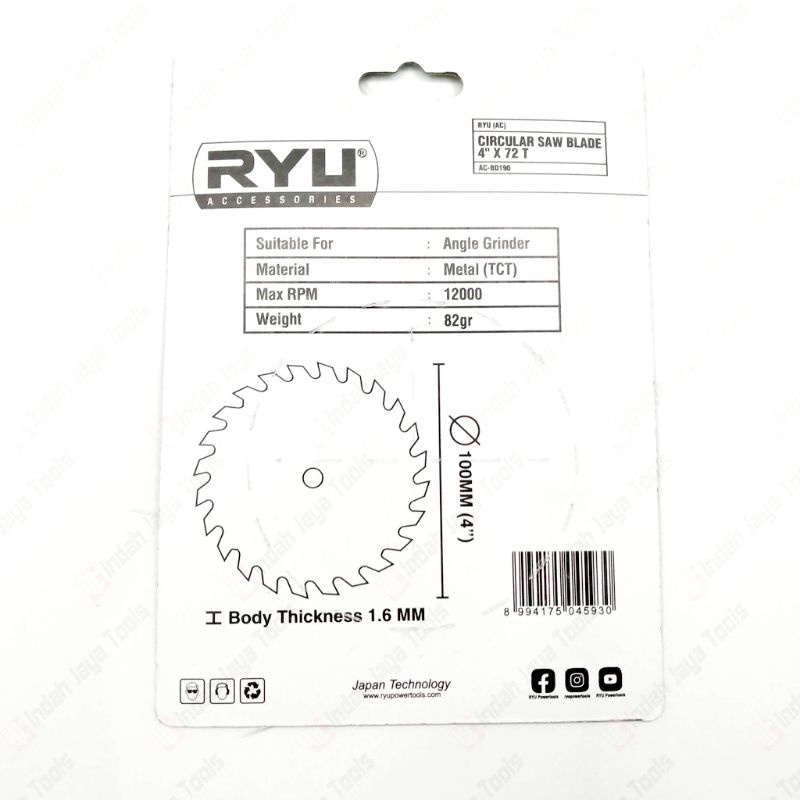 Mata Gerinda Gergaji Potong Kayu Triplek CIRCULAR SAW BLADE - RYU TEKIRO 4&quot; 4 inch x 72T