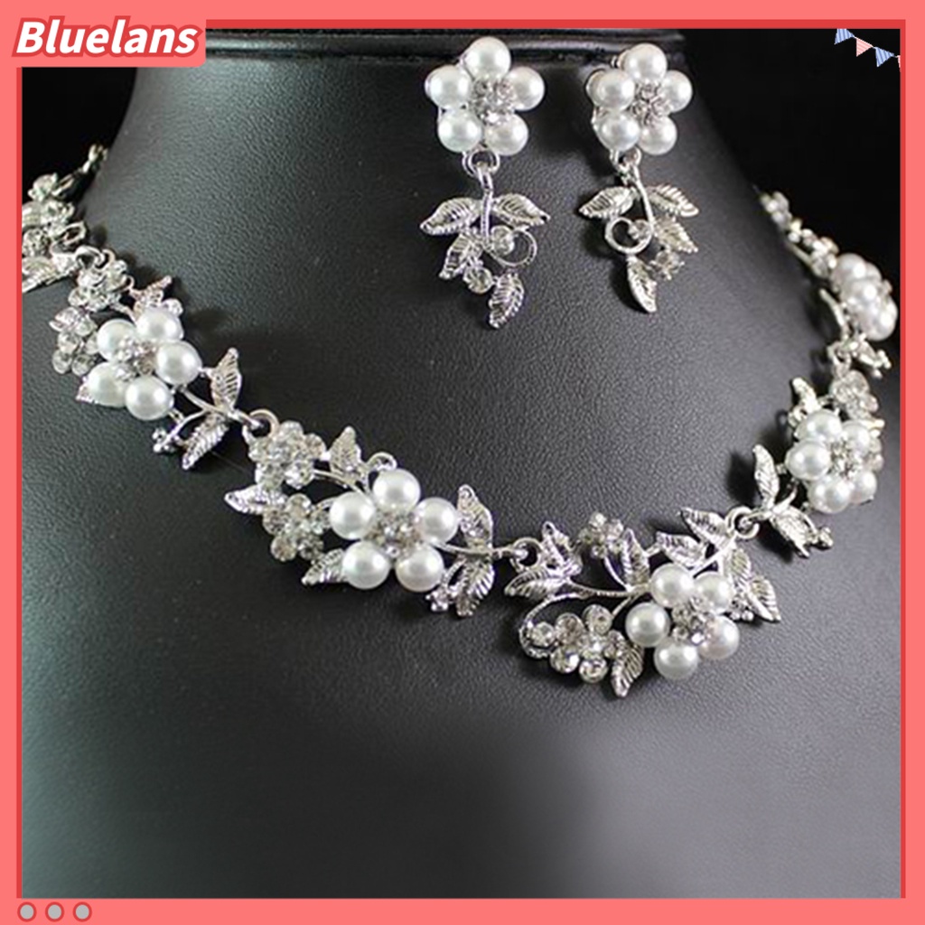 Bluelans 1 Set Necklace Eardrop Fashion Shiny Charming Faux Pearl Silver Plated Necklace Earrings for Women