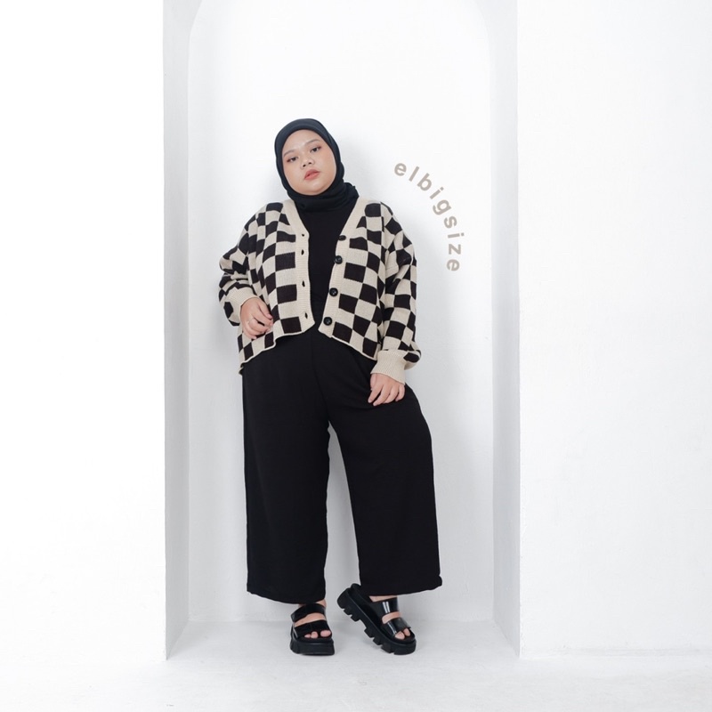 Elbigsize Checkerboard Cardigan