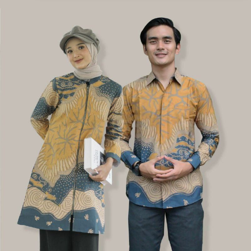 ATASAN PRIA KEMEJA BATIK LENGAN PANJANG ELEGAN KATUN/DOBY LAPIS FURING MOTIF BIRU KUNING