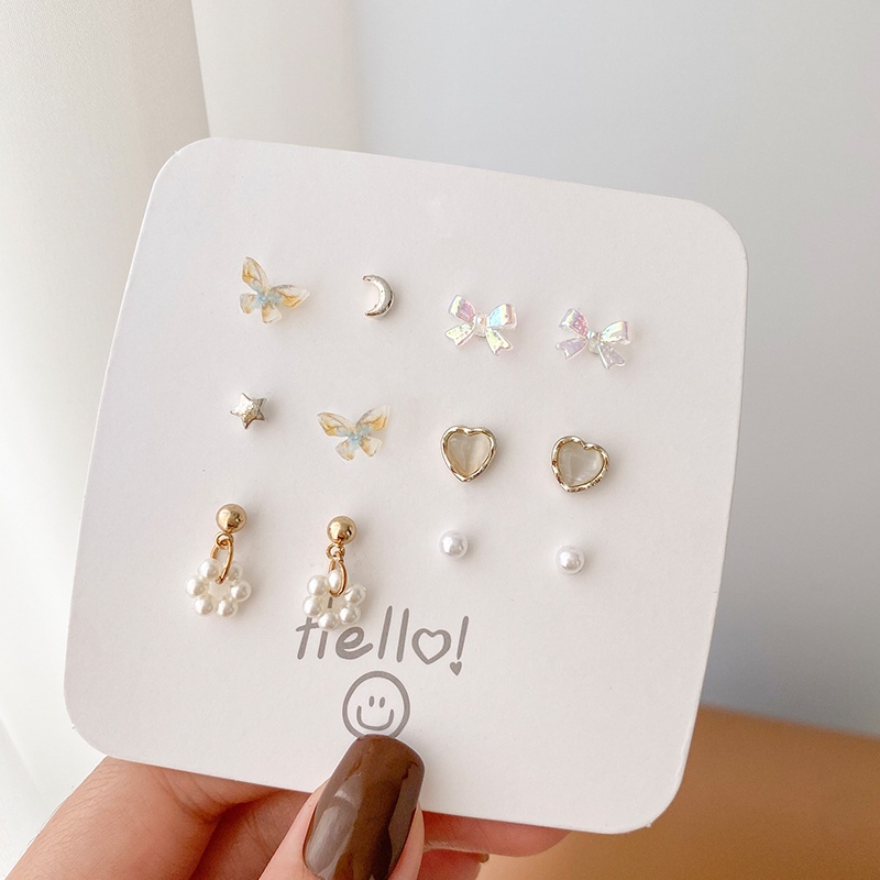 Roselife 12pcs / Set Anting Tusuk Silver S925 Gaya Korea Motif Kupu-Kupu / Bulan / Bintang / Bunga / Mutiara Untuk Wanita