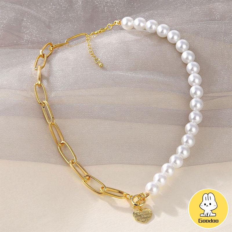 Kalung Rantai Klavikula Hias Liontin Medali Mutiara Gaya Hip Hop -Doo