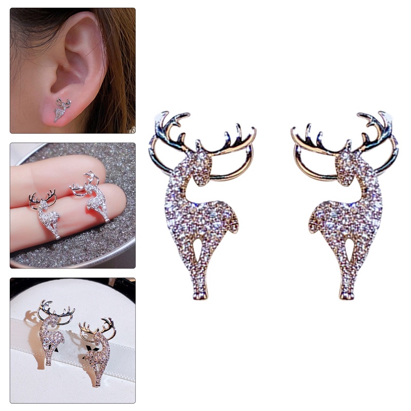 Anting Stud Desain Rusa Natal Aksen Berlian Imitasi Untuk Wanita