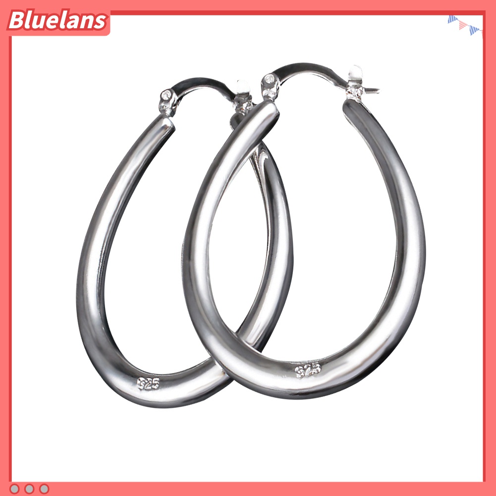 Bluelans Anting Hoop Bentuk Oval Besar Model Hollow Lapis Silver Untuk Wanita