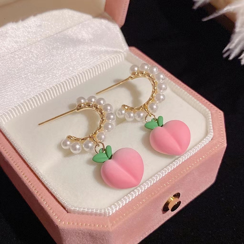 AY(CN) Anting Hoop Hias Mutiara Warna Pink Peach Gaya Korea Untuk Wanita