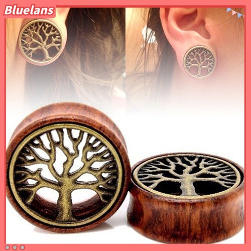 Bluelans 1Pc Ear Plug Tunnel Pembesar Lubang Tindik Telinga Desain Pohon Kehidupan Bahan Kayu Ukuran 8 / 10 / 12 / 14mm