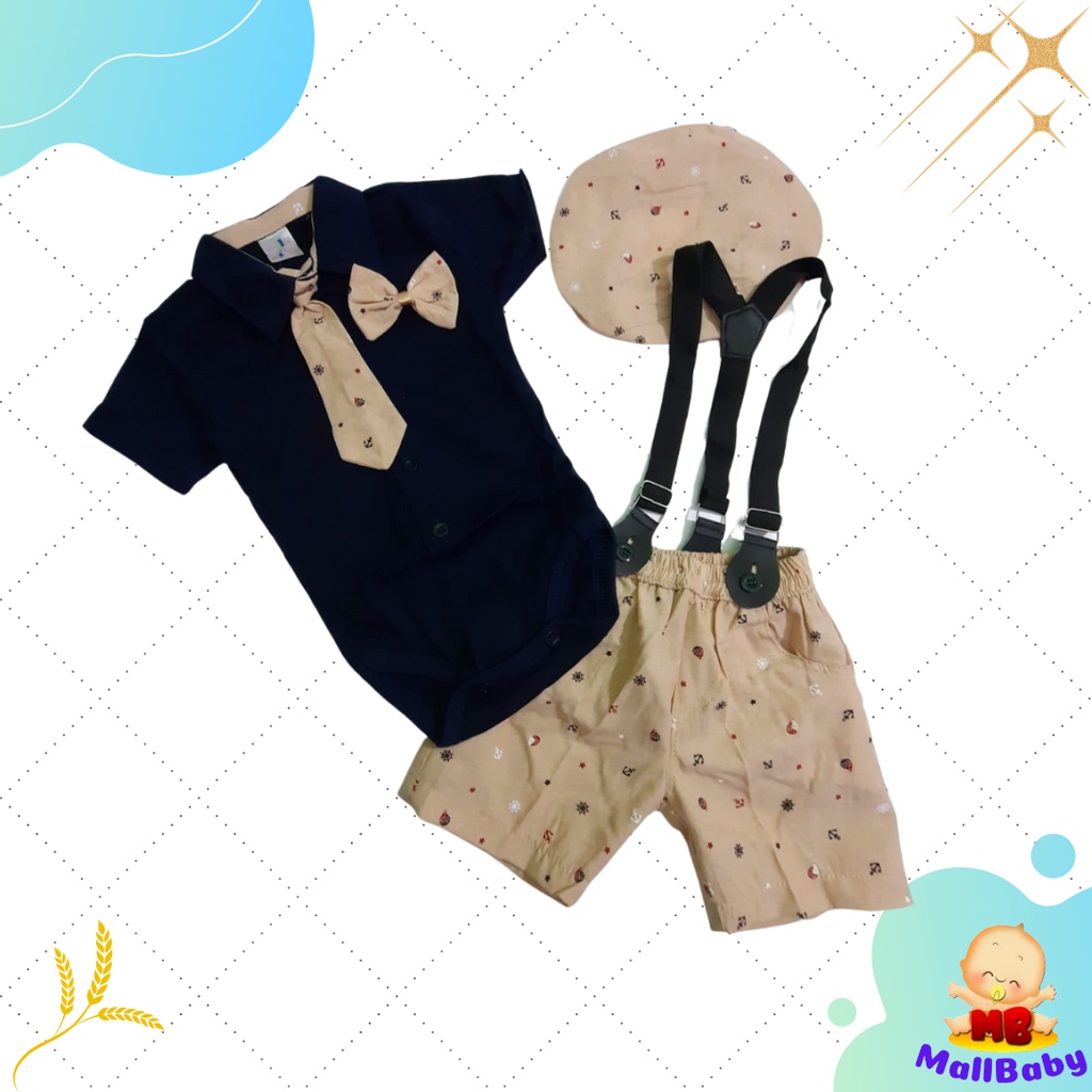 Baju Jalan Pesta Bayi Laki Laki 0 3 6 9 12 Bulan Setelan Jumper Set Dasi Suspender Topi Dale