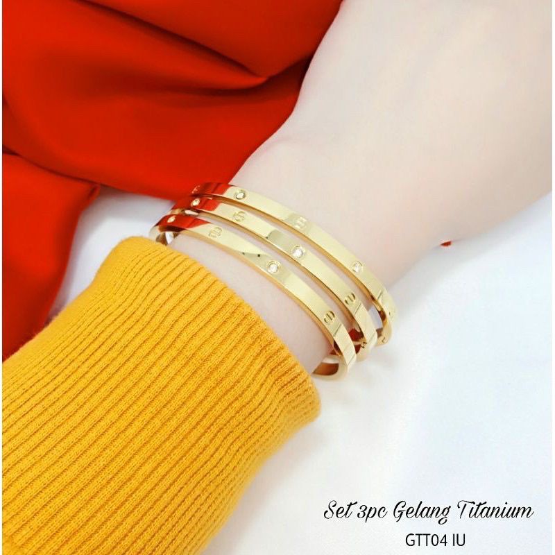 Cod gelang titanium 3 pcs perhiasan wanita anti luntur import